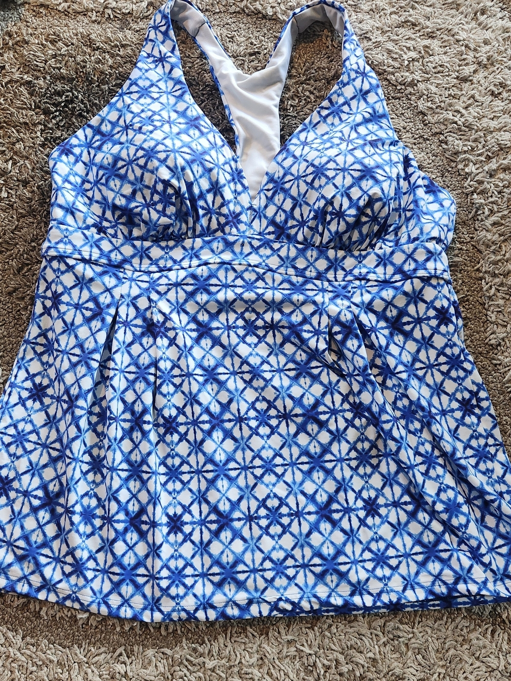 Lands' End Blue & White Geometric V-Neck Swim Camisole Size 12